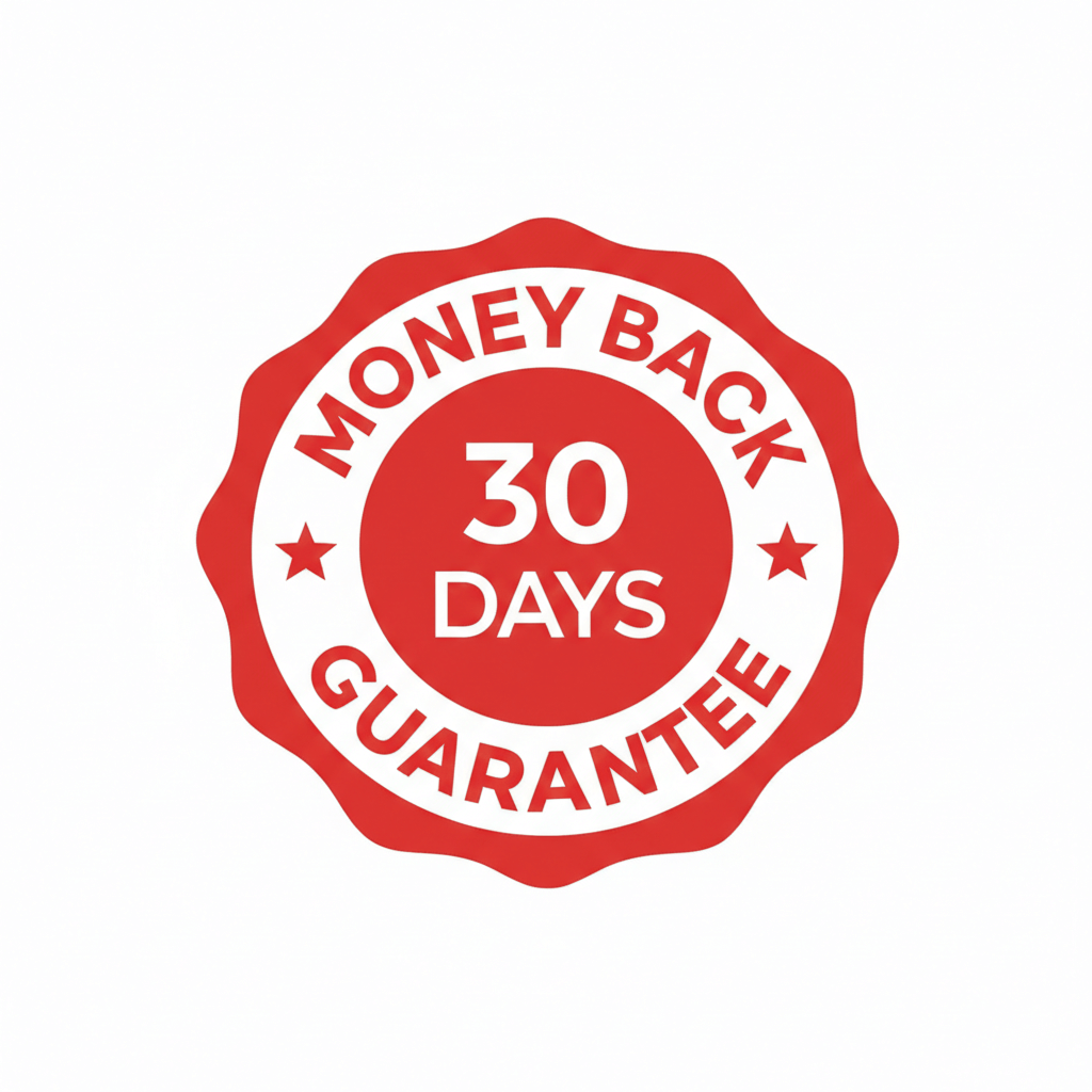 Red 'Money Back 30 Days Guarantee' stamp on a white background